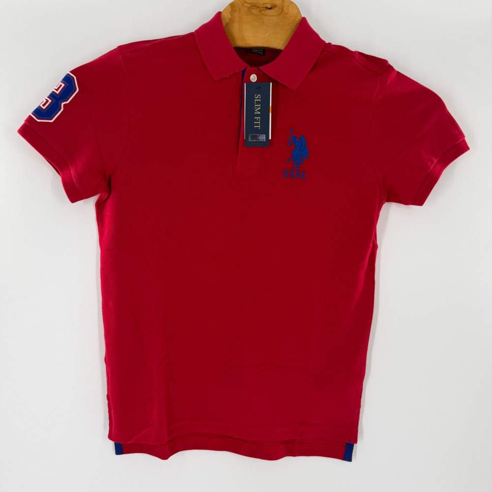 US Polo Assn Mens Slim Fit Short Sleeve Polo Shirt Red Blue Logo Size Small NWT